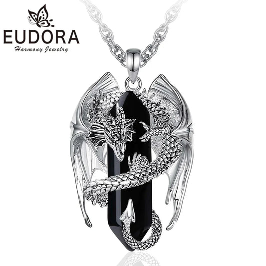 Eudora Dragon Twining Hexagonal Obsidian Necklace โ Punk Crystal Pendant & Healing Stone Jewelry Gift for Men