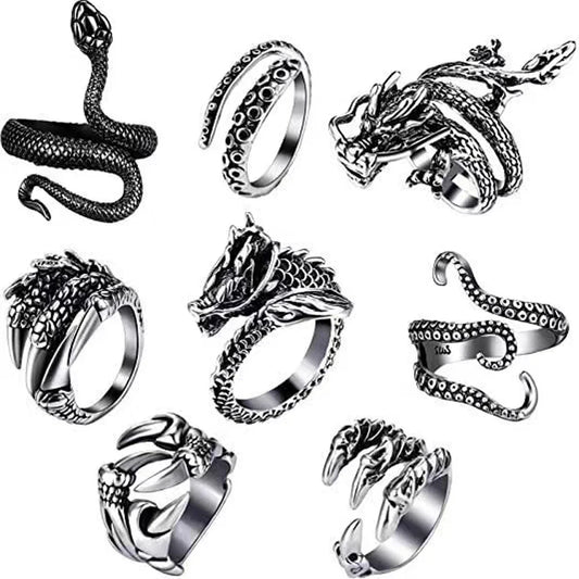 8 Pieces/Set Vintage Animal Open Rings – Dragon, Snake, Octopus &amp; Eagle Claw Punk Accessories for Men